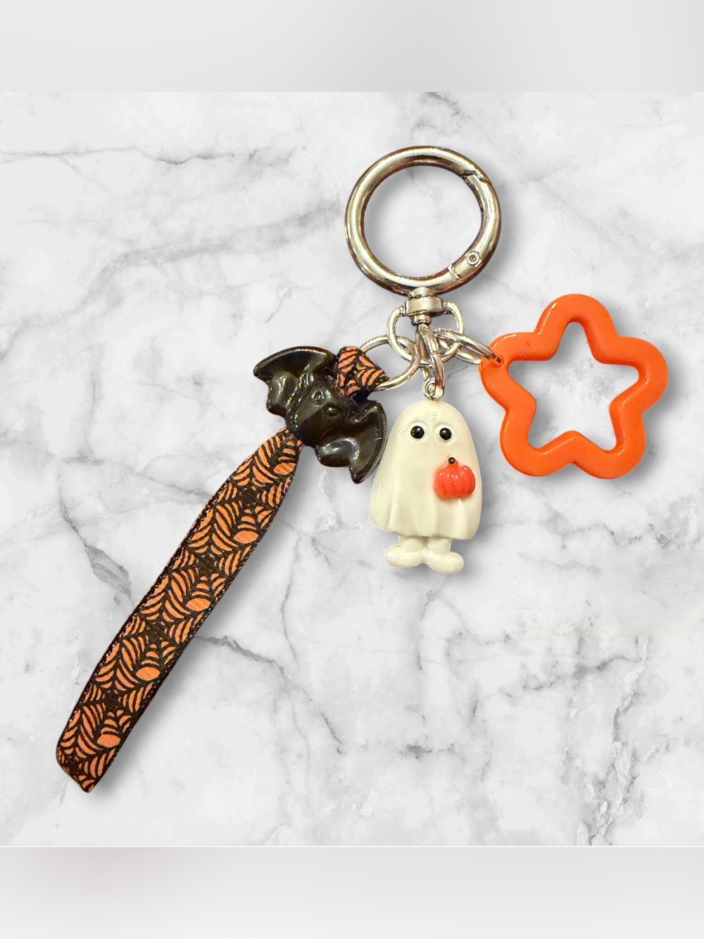 Halloween Ghost & Star Keychain Wristlet - Orange and White